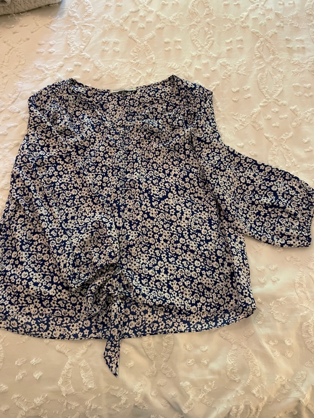 Collective Concepts Navy and White Floral Tie-Front Blouse